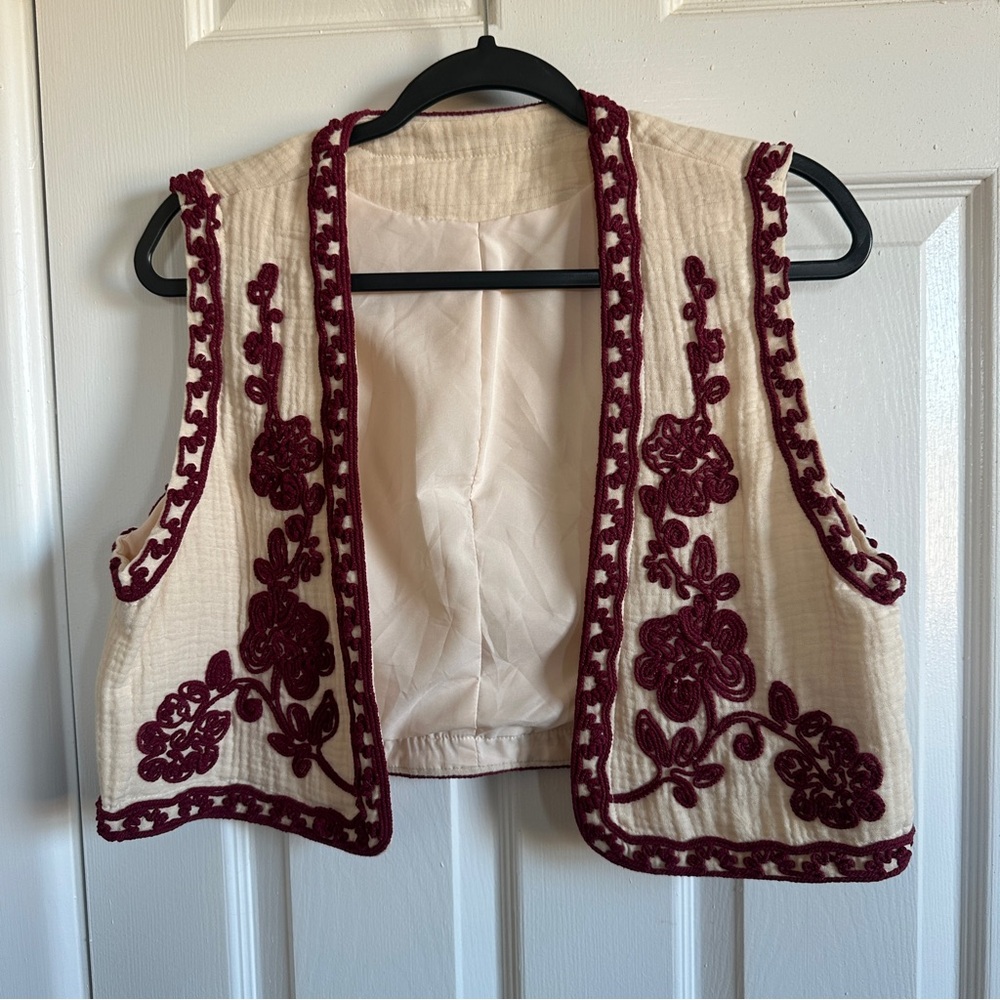 Embroidered Cream and Burgundy Women's Vest